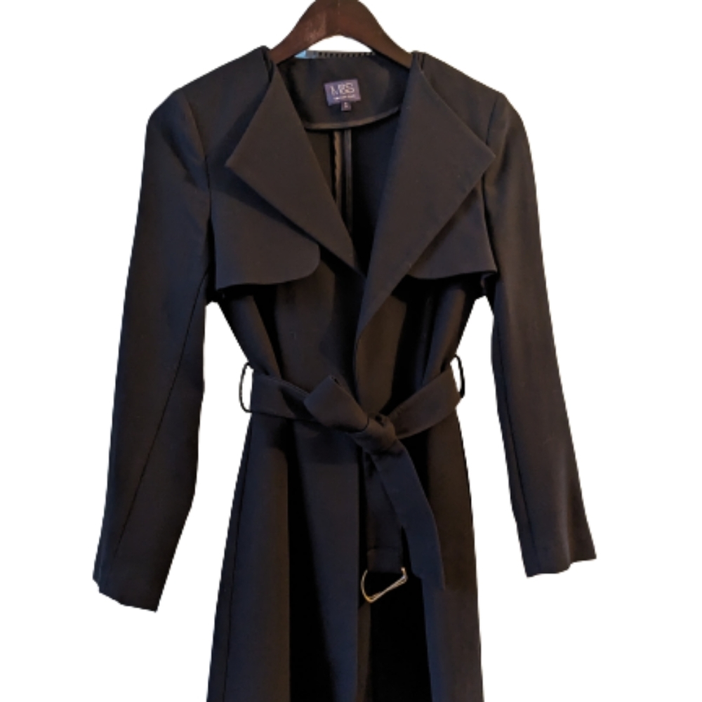 Black Marks and Spencer open front trenchcoat with d-ring belt size UK 8 petite